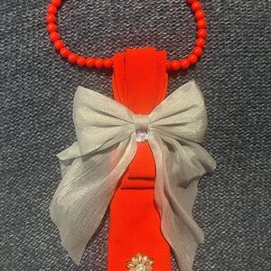 Red Beaded Necklace with White Bow